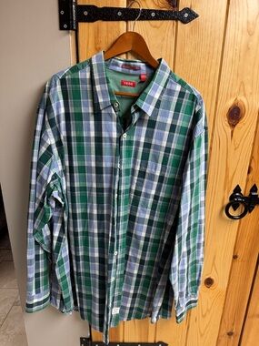 Izod Green Navy White Plaid Long-Sleeve Button-Down Shirt